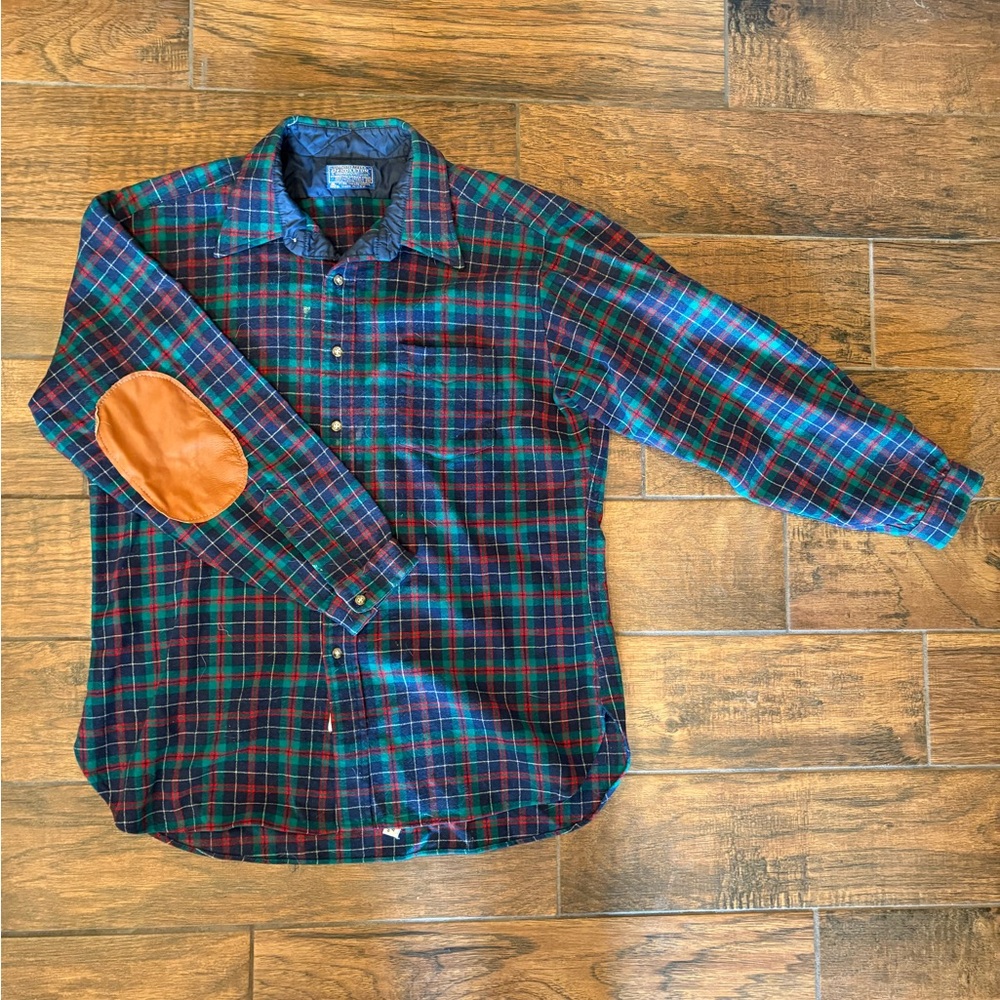 Pendleton Green and Blue Plaid Button-Down Flannel Shirt with Tan Elbow Patches